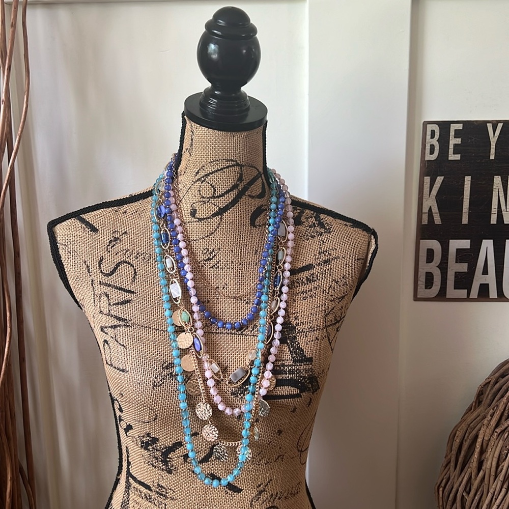 Multi Strand Pink and Blue Bead and Gold Chain Necklace